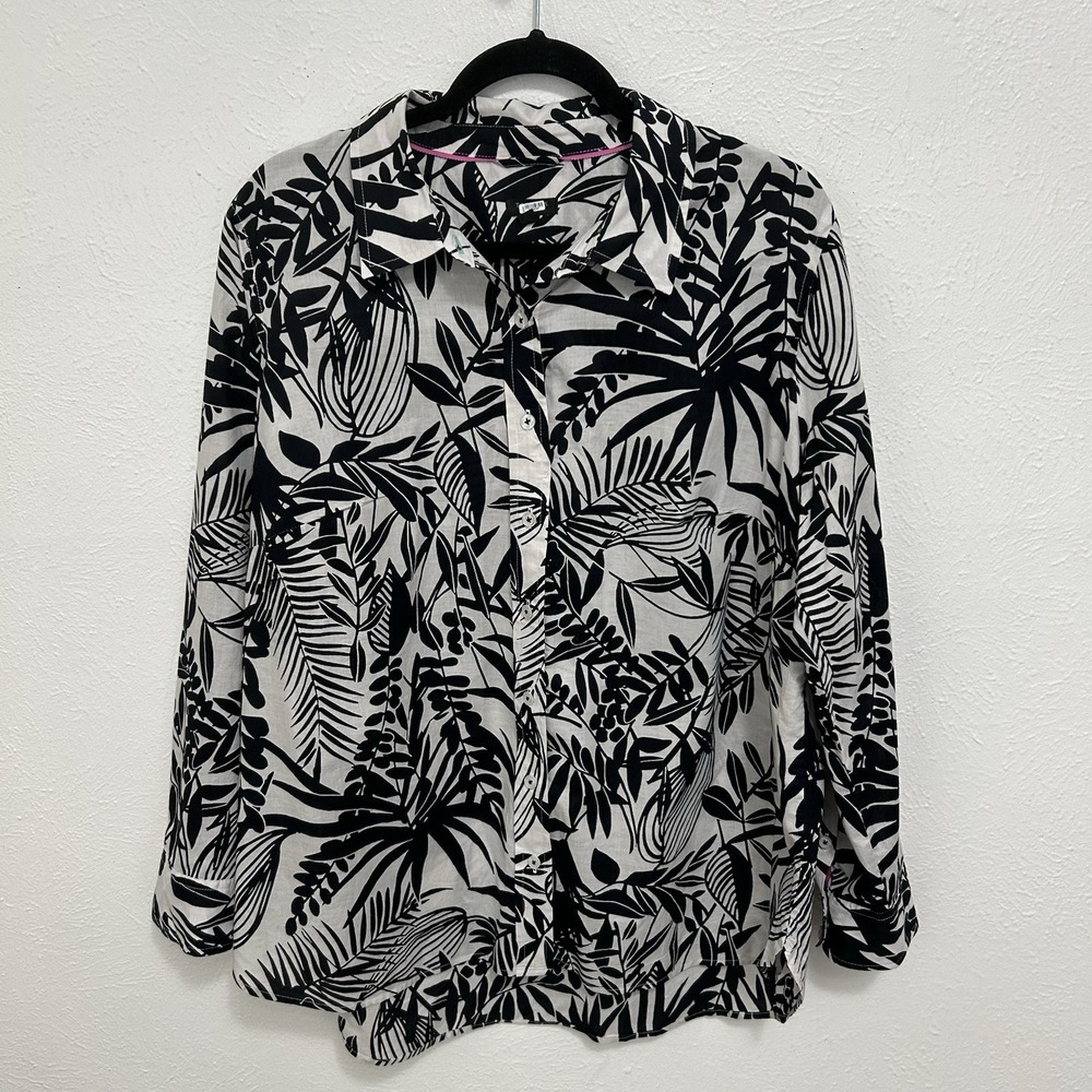 Talbots Black White Floral Tropical Shirt Button Up Top 1X Artsy Cotton Casual